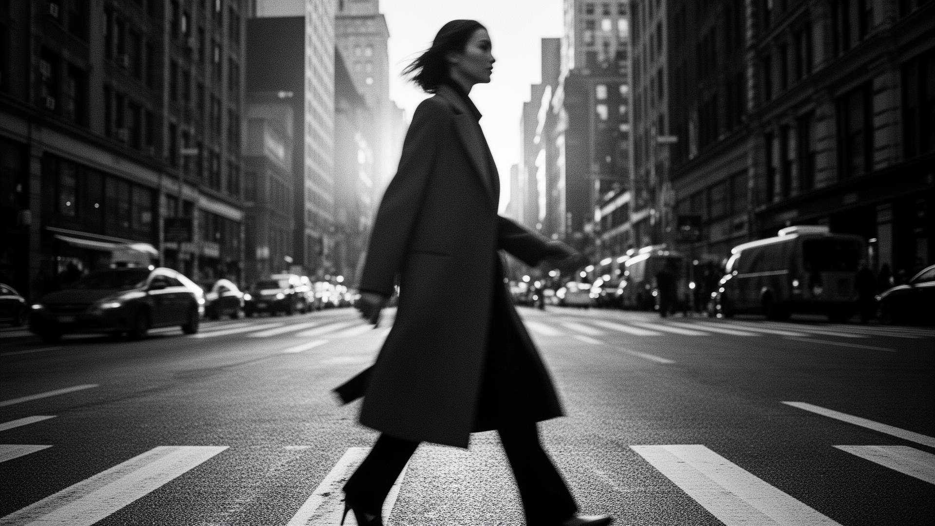 A figure crossing Park Avenue at golden hour